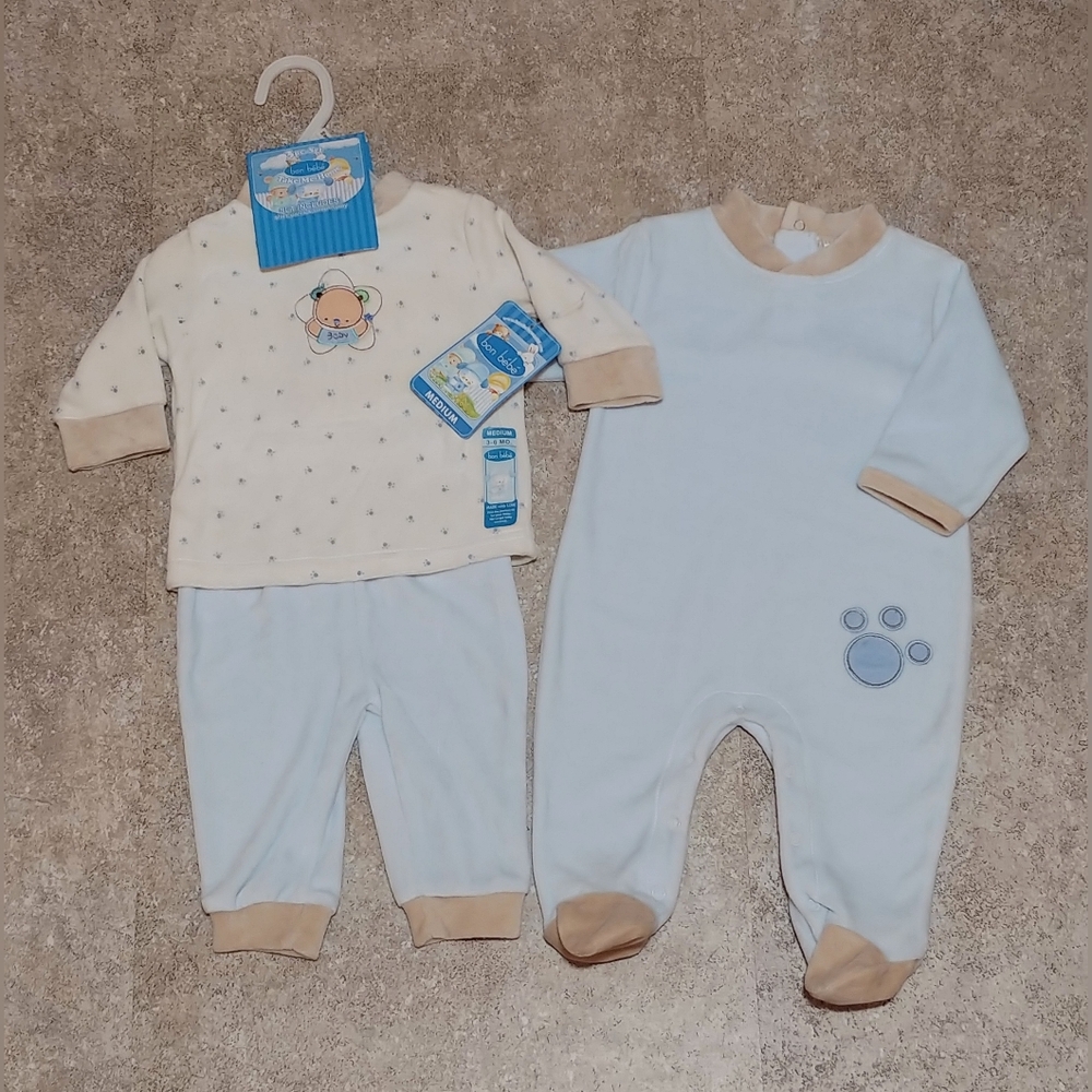 3-6 mo.'s 3 pieces–2 complete outfits by “bon bebe” baby boy w/bear paw prints